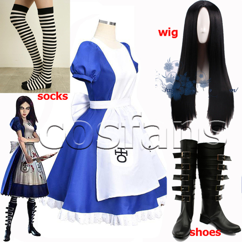 Jeu Alice folie retourne Cosplay déguisement robe de princesse robe de demoiselle fait Halloween fête robe de demoiselle tablier perruque pour femmes filles ► Photo 1/6