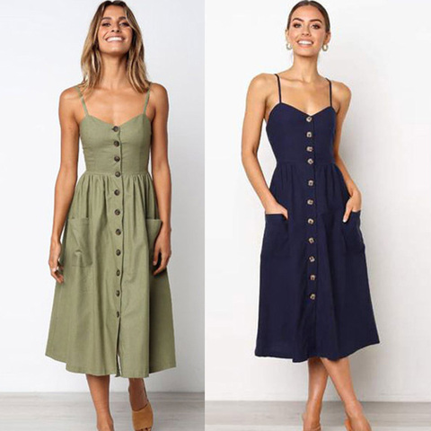 Robe d'été mi-longue Sexy pour femmes, bretelles, dos nu, sans manches, boutons, rayures, pois, couleur unie, vêtements de plage avec poches ► Photo 1/6