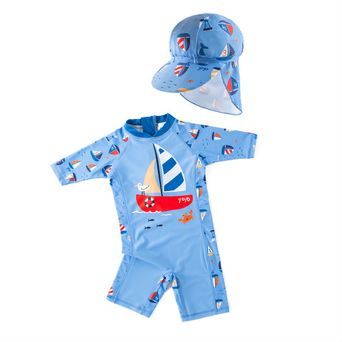 Maillot de bain bleu une pièce pour enfants, manches longues, voilier, vêtements de plage, printemps chaud, monstre, pour garçons ► Photo 1/6