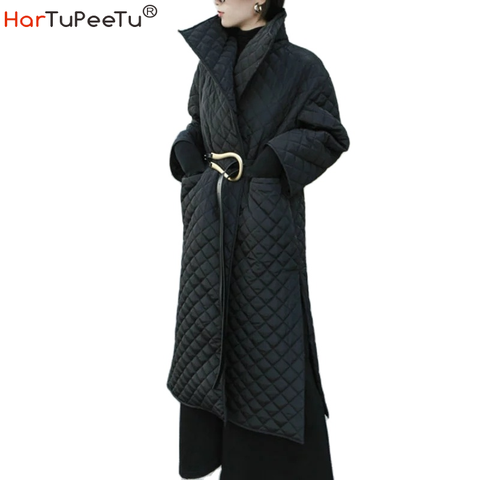 2022 hiver Femmes Longues À Carreaux Veste Grande Taille Parka Dames manteau En coton rembourré Côté Haut Fendu Femme Robe Outwear Manteau Noir ► Photo 1/6