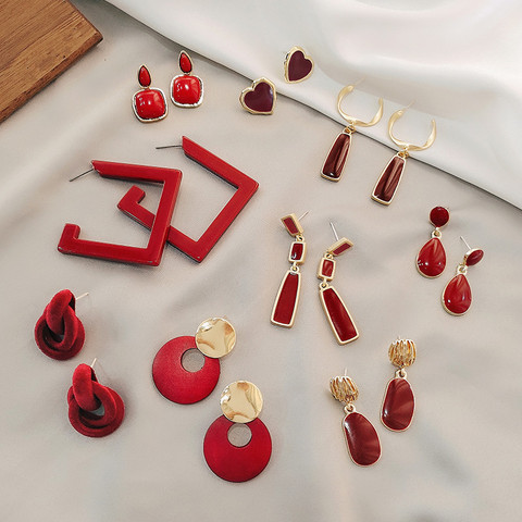Boucles d'oreilles géométriques circulaires circulaires pour femmes, rouge profond, en émail, avec filles, les bijoux raffinés ► Photo 1/6