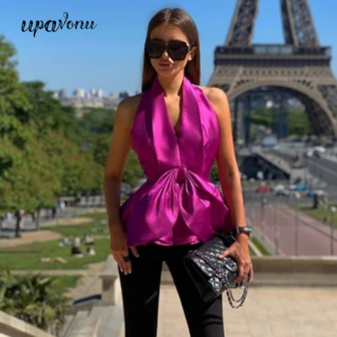 Bowknot Chemise en satin Pour Femmes Halter V Cou Sans Manches Mince Sexy Partie T-shirts Top Femmes Mode D'été Nouveau 2022 Club Top De Fête ► Photo 1/6