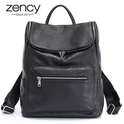 Zency unisexe sac à dos 100% en cuir véritable grande capacité voyage sac de plein air classique noir grand sac à dos haute qualité cartable ► Photo 1/6