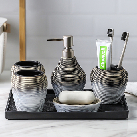 Accessoires de salle de bain en céramique faits à la main rangement ensemble de salle de bain porte-brosse à dents distributeur de savon émulsion bouteille bain de bouche tasse rétro ► Photo 1/6