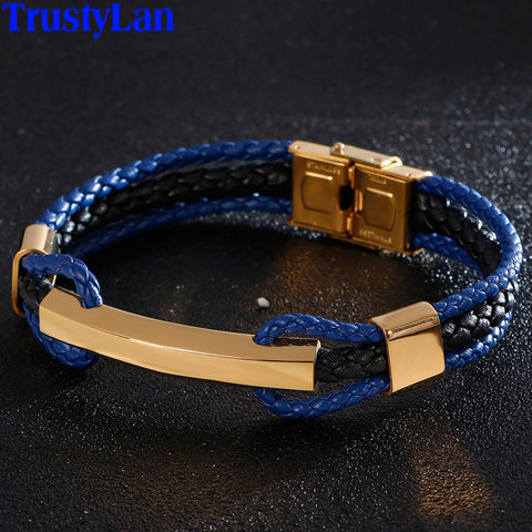 Bracelet tressé de luxe à trois niveaux pour hommes, en cuir bleu, couleur or, acier inoxydable, ajustable, à la mode ► Photo 1/6
