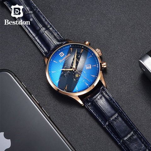 Bestdon-montre mécanique automatique pour homme, marque de luxe, suisse, bracelet en cuir, bleu, Phase lunaire, décontracté ► Photo 1/6