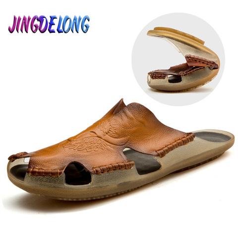 Nouveau été hommes sandales en cuir véritable respirant chaussures sandales romaines chaussures plates homme pantoufles Style romain plage sandales Offre Spéciale ► Photo 1/6