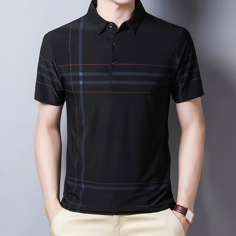 Ymwmhu – Polo noir à manches courtes pour hommes, Streetwear fin à rayures, à la mode, pour vêtements coréens, été ► Photo 1/6
