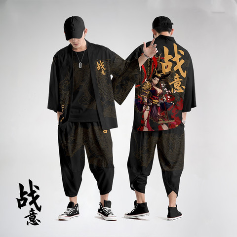 Style japonais Vintage Kimono Haori pantalon ensemble hommes traditionnel Harajuku Streetwear samouraï Cardigan Costume Yukata ► Photo 1/6