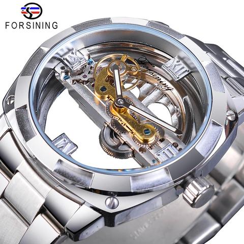 Forsining hommes conception transparente montre mécanique automatique argent carré engrenage doré squelette acier inoxydable ceintures horloge Saati ► Photo 1/6