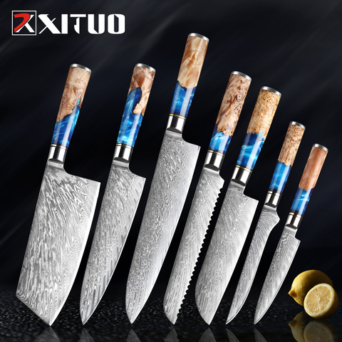 XITUO professionnel cuisine Chef couteau ensemble damas acier japon VG10 Premium bleu résine et couleur manche en bois outils de cuisson ► Photo 1/6