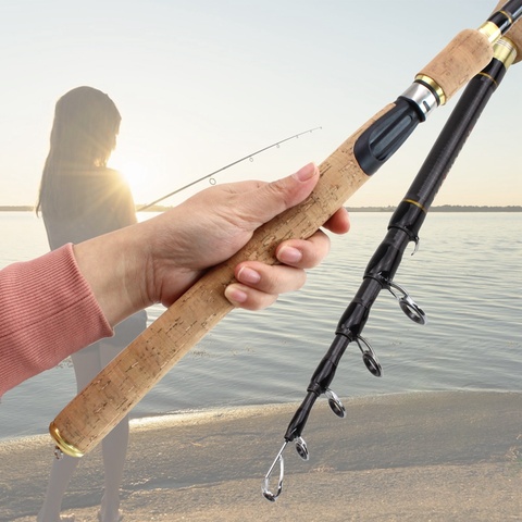 Promotion! Canne à pêche Spinning de 1.8m/2.1m/2.4m ou 2.7m, accessoire de voyage télescopique résistant en Fiber de carbone avec poignée en bois ► Photo 1/6