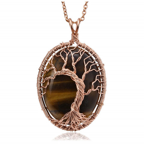 Améthystes pierre cuivre plaqué fil enroulé arbre de vie pendentif forme ovale collier vert Aventurine bijoux ► Photo 1/1