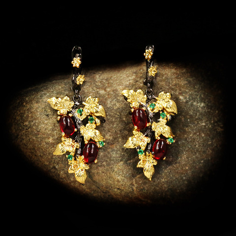 Boucles d'oreilles en argent 925 et pierres précieuses pour femme, pendentif en forme de feuille de fleur, rubis, or noir, nouveau, élégant, bijoux en cristal, 925 ► Photo 1/5
