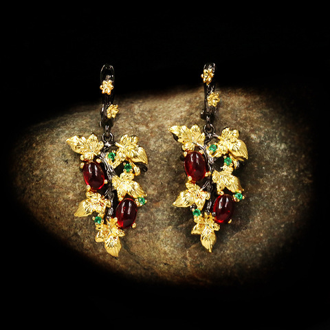 Boucles d'oreilles en argent 925 et pierres précieuses pour femme, pendentif en forme de feuille de fleur, rubis, or noir, nouveau, élégant, bijoux en cristal, 925 ► Photo 1/5