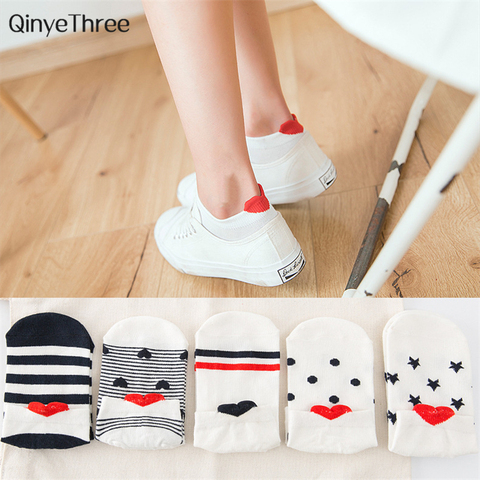 Chaussettes à talon cœur et à rayures pour femmes, style Kawaii, 3D, motif motif coeur, motif, étoiles, grands yeux, amour ► Photo 1/6