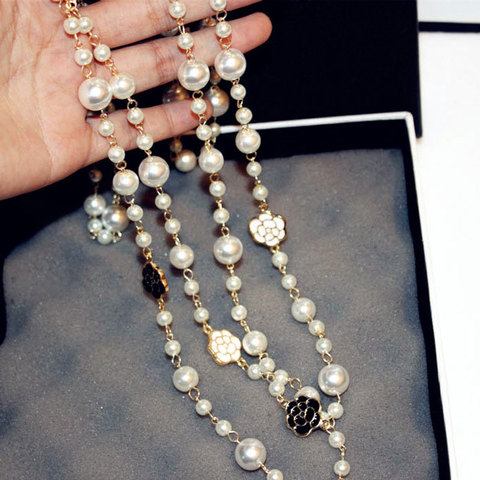 Longue collier de perles simulées pour femmes fleur Double couche collane lunghe donna camélia maxi collier cadeau de fête ► Photo 1/6