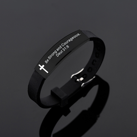 Citation croix religieuse jésus écriture Bible chrétienne verset inspirant foi Bracelets en Silicone pour hommes bijoux ► Photo 1/6