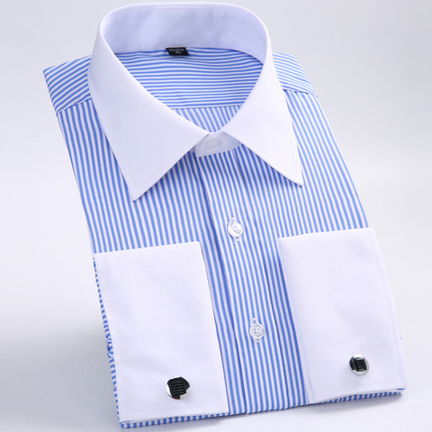 Chemise classique à poignets français pour hommes, robe classique rayée, chemise de mariage à manches longues avec poche simple à Patch ► Photo 1/6