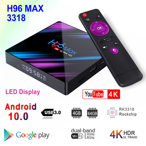 Boîtier Smart TV H96 MAX, Android 10, Rockchip RK3318, 4 go RAM, 64 go ROM, BT4.0, usb 3318, 2.4/5 ghz, double WIFI, 3D, 4K HDR, décodeur ► Photo 1/6