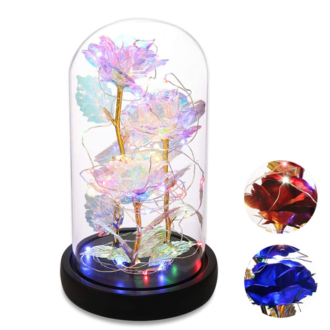 3 têtes galaxie Rose éternelle 24K feuille d'or fleurs en verre dôme 2 Modes LED lumières cadeaux pour noël saint valentin mariage ► Photo 1/6