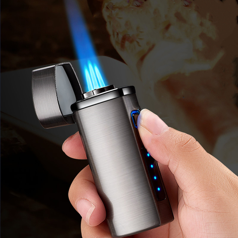 Briquet LED en métal coupe-vent, Triple torche USB, fenêtre à gaz, 3 jets, cigare, trois Turbo, pistolet de pulvérisation BBQ puissant, briquet de tuyau de cuisine ► Photo 1/5