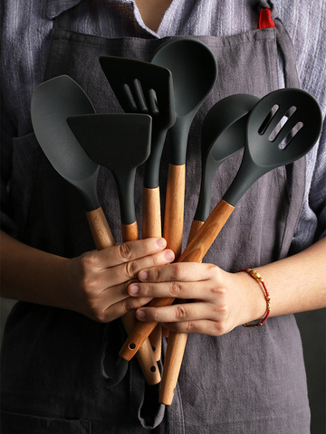 Ustensiles de cuisine en Silicone, ensemble d'accessoires de cuisine, ensemble louche batteurs à œufs pelle avec manche en bois antiadhésif 1 pièce/ensemble ► Photo 1/6