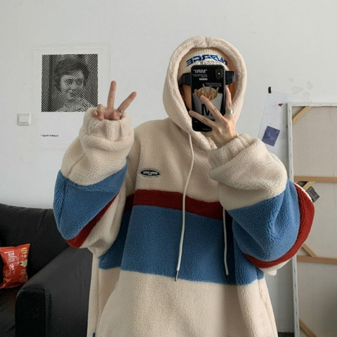 Japon Corée Style Mode Polaire Sweat À Capuche Pour Homme Patchwork Rayé Sweats Capuches Hommes Manteaux Amples Étudiant Décontracté Hauts Pull ► Photo 1/6