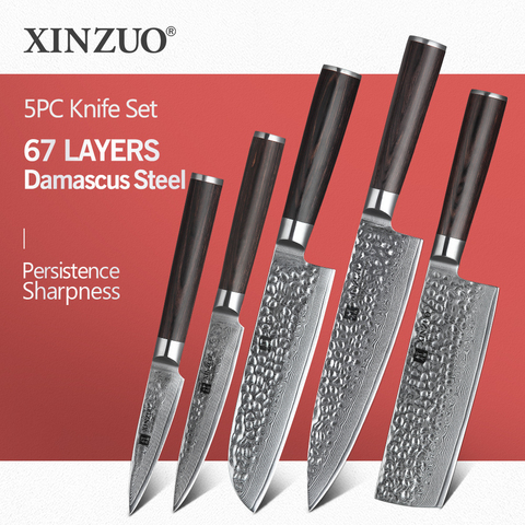 XINZUO – ensemble de 5 couteaux de cuisine japonais, damas, en acier inoxydable, couperet, Nakiri, manche en Pakkawood ► Photo 1/1