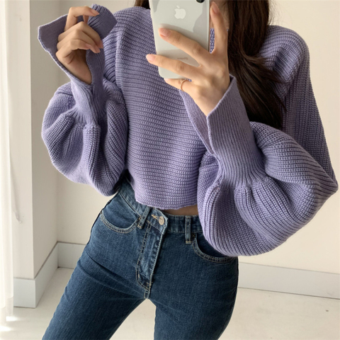 Femmes Hit couleur tricot pull automne hiver en vrac Sexy Slash cou court tricot pulls pour femme lanterne manches fendu femme pull ► Photo 1/6