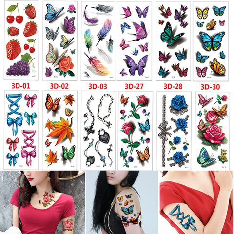Tatouage temporaire à transfert étanche 36 pièces/ensemble, autocollant de fleur Rose papillon, faux tatouages de beauté Flash 3D ► Photo 1/6