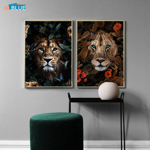 Toile avec fleurs, Lion, léopard, ours abstrait, affiche murale, Art nordique, décoration ► Photo 1/6