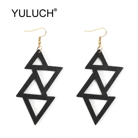 YULUCH-boucles d'oreilles Pop pour femmes, forme géométrique, en bois, forme Triangle, bijoux ethniques, africains, longs, pendentif ► Photo 1/4