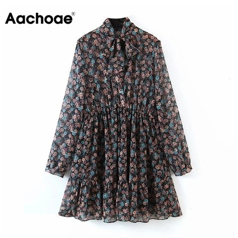 Aachoae – robe à fleurs pour femmes, Vintage, plissée, col papillon, manches transparentes, imprimé, Mini, décontractée, pour le soleil ► Photo 1/6