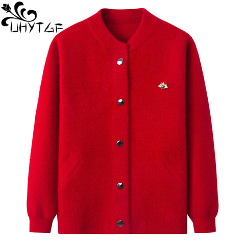 UHYTGF vison cachemire pull manteau simple boutonnage cardigan femmes printemps automne chandail manteaux élégant maman court haut de grande taille 715 ► Photo 1/6