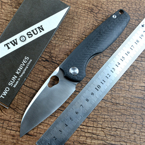 TWOSUN – couteau de poche M390 lame en Satin de 3.35 pouces, lame pliable rapide, pour la chasse en plein air, titane, Fiber de carbone TS129 ► Photo 1/6