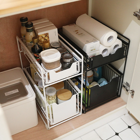 Sous l'évier de cuisine étagère de rangement Type de tiroir peut être poussé et tiré sous l'armoire télescopique Double étagère ► Photo 1/5