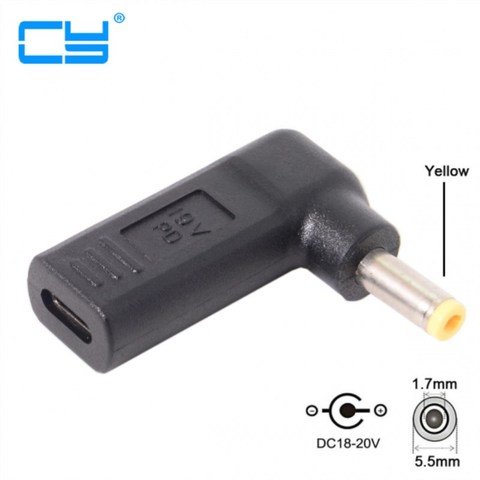 Adaptateur USB 3.1 Type C USB-C à cc 19V 5.5*1.7mm déclencheur d'émulateur PD coudé à 90 degrés jaune pour ordinateur portable Delippo Acer ► Photo 1/4