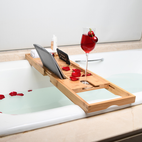 Plateau de baignoire en bambou de qualité supérieure, caddie en bois extensible avec livre et porte-vin, cadeau pour les proches ► Photo 1/1