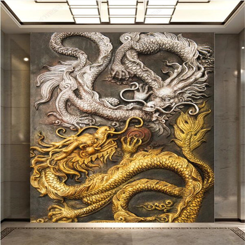 Papier peint Photo Dragon gaufré 3D de Style chinois personnalisé pour décoration de luxe de maison hôtel Restaurant entrée allée papier peint Mural 3D ► Photo 1/1