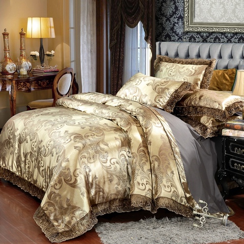 Parure de lit en Satin et dentelle, 4 pièces, ensemble de literie Jacquard, Queen Size, King Size, housse de couette, drap de lit de mariage, linge de lit en soie/coton ► Photo 1/5