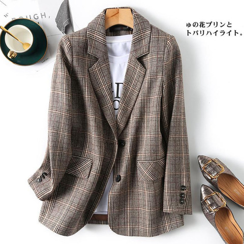 PEONFLY Vintage simple boutonnage bureau dames Plaid Blazer à manches longues en vrac Plaid manteau veste femmes Blazers femme 2022 ► Photo 1/6