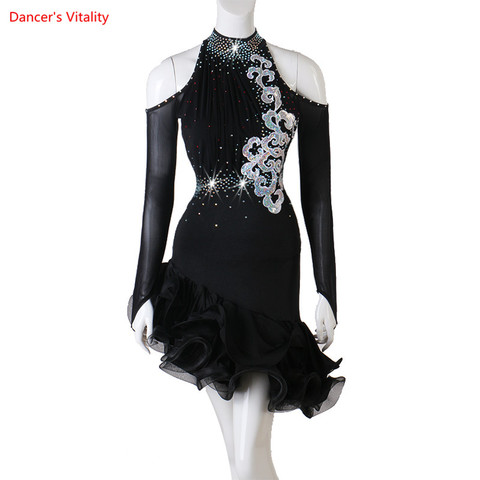 Nouvelle robe de danse latine femmes filles noir manches longues Costumes de danse latine pour les femmes diamant robes latines pour les filles compétition ► Photo 1/6