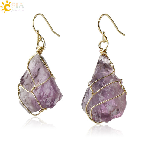 CSJA-boucles d'oreilles en pierre naturelle G328, pendentif asymétrique, couleur cristal irrégulier, enveloppe de fil, pour femmes, bijoux à la mode, cadeau ► Photo 1/6