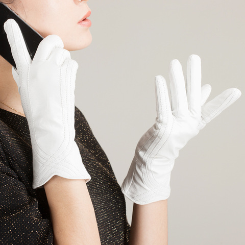 Femmes gants en cuir en cuir véritable thermique cachemire doublure hiver chaud crème blanc conduite gants parti dame mitaine gants ► Photo 1/6