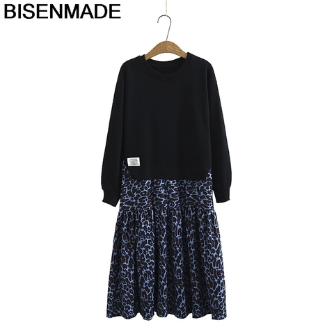 BISENMADE Plus La Taille Des Femmes Automne Et Hiver Nouvelle Mode Faux Deux pièces De Robe sweat-shirt à Coutures léopard ► Photo 1/6