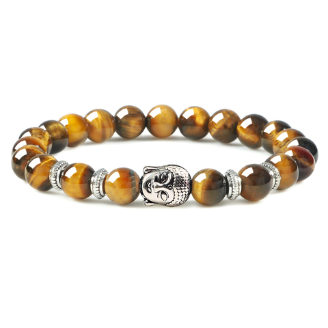 Bracelet en pierre œil de tigre pour hommes et femmes, couleur argent, breloque bouddha, pierres de lave, perles Onyx, Bracelets extensibles, bijoux de prière, Reiki ► Photo 1/6