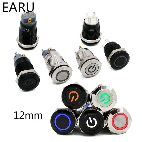 Interrupteur étanche avec bouton poussoir en métal, 12mm, noir, lumière LED, interrupteur d'alimentation pour moteur de voiture et PC, 5/12/24V, 220V, rouge/bleu ► Photo 1/6