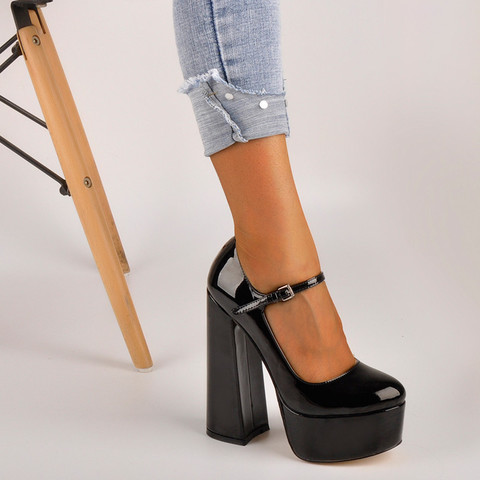 Onlymaker-chaussures noires à talons larges, 15 à 16CM, plateforme Mary-Jane, robe à talons, chaussures noires, grande taille ► Photo 1/6