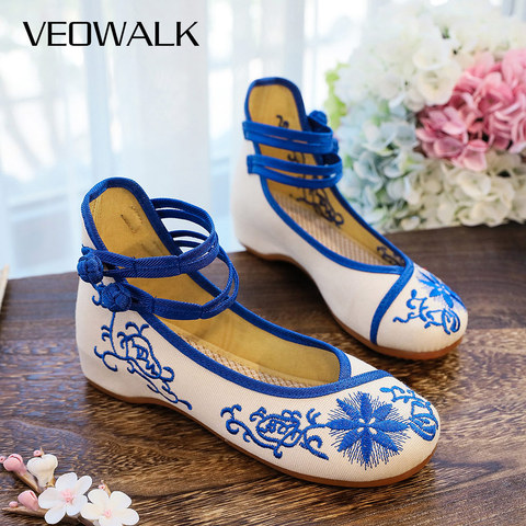 Veowalk Main Printemps Floral Brodé Femmes Toile Ballet Appartements High Top Cheville Sangle Vintage Dames Denim Casual Chaussures ► Photo 1/6